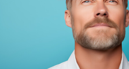Close-up of male face with groomed stylish beard and mustache isolated on a blue colored background with copy space, barbershop banner template.