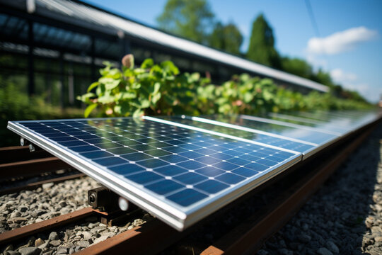 Sollar collectors of alternative green energy panels on a field with grass