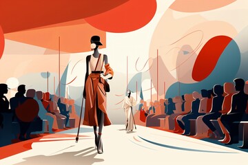 Cartoon illustration of a fashion model walking on a ramp