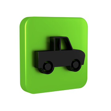 Black Pickup truck icon isolated on transparent background. Green square button.