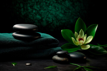 Zen garden with deep forest green towels gently placed beside a stack of black river stones