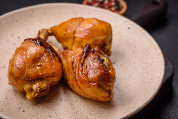 Delicious Asian dish with chicken legs in teriyaki sauce with salt and spices