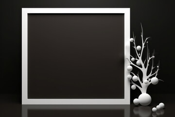 White blank frame on black background for mock up with artsy Christmas tree with little ornaments