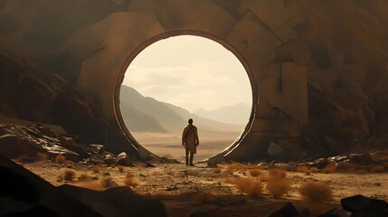A Lone Explorer in a Mystical Desert Landscape, Mystical Desert Gateway: A Lone Explorer Approaches an Ancient Circular Structure Amidst a Vast, Arid Landscape. Generative AI