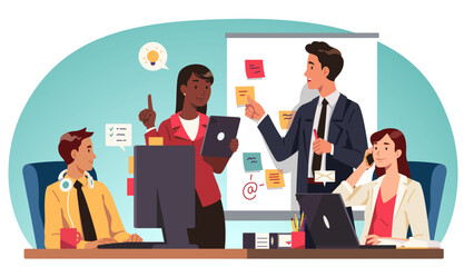 Business people team working at office workplace. Employee worker meeting together at minimal coworking space. Teamwork, workspace, coworkers collaboration, startup flat vector illustration