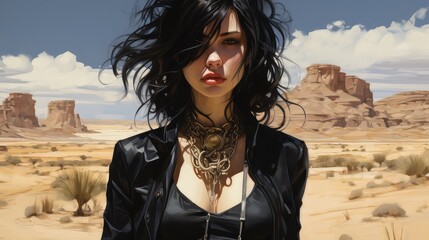 piękna dziewczyna w czarnej kurtce z ładnymi lokami stojąca na pustyni i widok na błękitne niebo i puszyste chmury