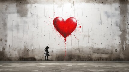 sztuka uliczna przedstawia obraz na murze dziewczynki z czerwonym sercem jako symbol wolności - obrazy, fototapety, plakaty