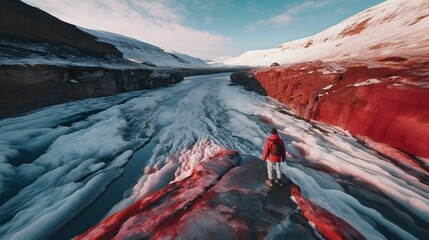 Explorer Amidst the Crimson Tides: A Surreal Landscape, an alpinist amidst blood falls phenomenon, A Journey Through the Blood Red Waterfalls. Generative AI - obrazy, fototapety, plakaty