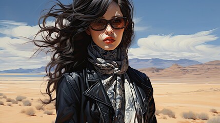 piękna dziewczyna w czarnej kurtce z ładnymi lokami stojąca na pustyni i widok na błękitne niebo i puszyste chmury - obrazy, fototapety, plakaty