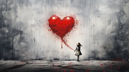 sztuka uliczna przedstawia obraz na murze dziewczynki z czerwonym sercem jako symbol wolności - obrazy, fototapety, plakaty