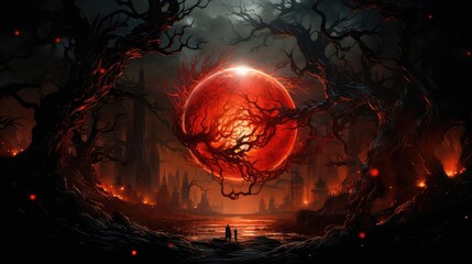 czerwony księżyc przebijający się przez drzewa - obrazy, fototapety, plakaty