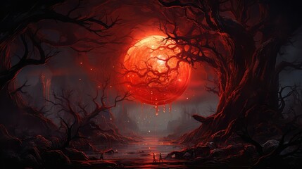 czerwony księżyc przebijający się przez drzewa - obrazy, fototapety, plakaty