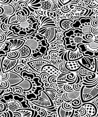 Fototapeta premium Black and white hand-drawn drawing of flowers.Seamless pattern.