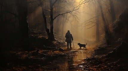 spacer z psem po lesie wśród drzew i mgły - obrazy, fototapety, plakaty