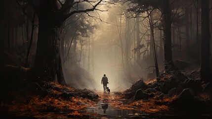 spacer z psem po lesie wśród drzew i mgły - obrazy, fototapety, plakaty