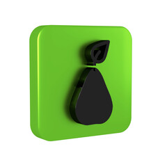 Black Pear icon isolated on transparent background. Fruit with leaf symbol. Green square button.