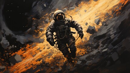 kosmonauta uciekajacy w stroju kosmonauty, ufo, kosmos  - obrazy, fototapety, plakaty