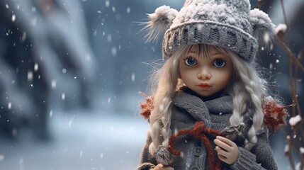 A doll wearing a hat and scarf in the snow