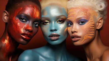 A group of three women with painted faces - obrazy, fototapety, plakaty