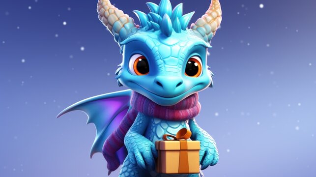 A cartoon blue dragon holding a gift box