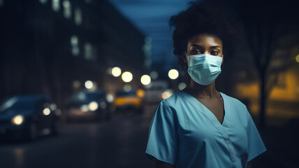 Woman doctor with a stethoscope and a surgical mask, black doctor with a scrub, black nurse, health professional, doctor in the street at night, science and medecine