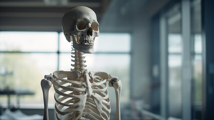 Skeleton in a classroom, anatomy class, teaching science at the university, hospital, doctor and nurse school, human anatomy, bones and skull 