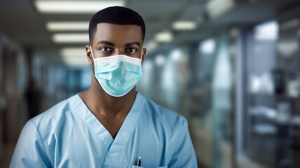 young black man nurse in a white scrub and a surgical mask, black student with a scrub, black doctor, health professional, surgeon, student, doctor at the hospital, science and medecine