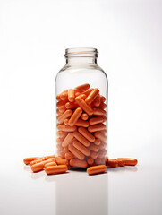 orange and brown pills, capsules, in a glass bottle on a white background, medecine, colorful, healthcare, science and medecine to heal people, pharmacy, drugs