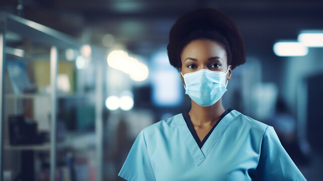 Black Woman Nurse In A Blue Scrub And A Surgical Mask, Black Doctor With A Scrub, Black Nurse, Health Professional, Doctor At The Hospital, Science And Medecine