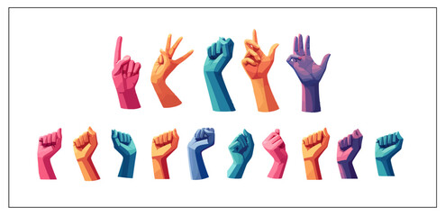 Set design of colorful hands and fingers, arm gestures and human hand orientation 3D. Flat set of fist with no background. - obrazy, fototapety, plakaty