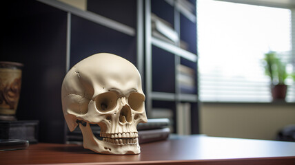 Skull on a desk in a doctor office, teaching anatomy, skeleton, human anatomy, science, nurse, surgeon, learning to be a doctor at the university, medecine, 