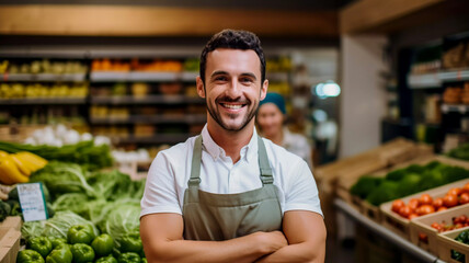 Portrait of an attractive smiling young man working as a greengrocer standing in a vegetable and fruit shop retailer selective focus shop mananger at work - obrazy, fototapety, plakaty