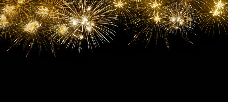 Sylvester Silvester 2024 New year New Year's Eve Party background banner panorama long- Gold firework display pyrotechnics fireworks on dark black night sky