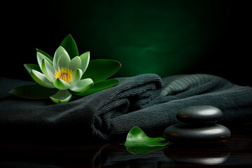 Zen garden with deep forest green towels gently placed beside a stack of black river stones