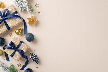 Unbox happiness this New Year. Top view of charming gift boxes, exquisite baubles, pine cone toy, star-shaped candle, fir twigs, glittering confetti on pastel beige background. Ideal for text or ad