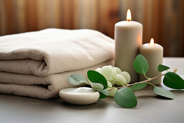 Fototapeta na wymiar Soothing spa composition with soft beige towels, complemented by eucalyptus leaves