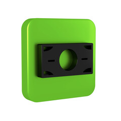 Obraz premium Black Stacks paper money cash icon isolated on transparent background. Money banknotes stacks. Bill currency. Green square button.