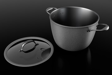 Stainless steel cooker with lid and chrome cookware on black background