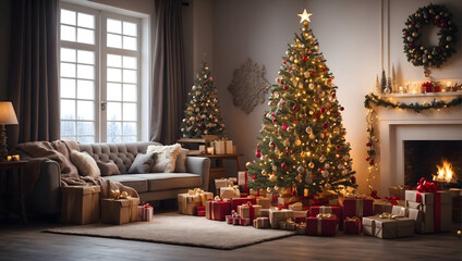 Fototapeta na wymiar Christmas tree in a house near a window with many lights and gifts