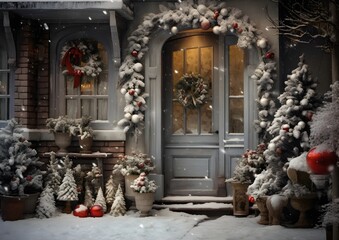 Festive entrance with Christmas decorations and snow-covered tree generative ai