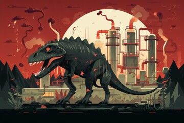 Graphic illustration of factories running on fossil fuels made up of dinosaurs