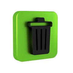 Black Trash can icon isolated on transparent background. Garbage bin sign. Recycle basket icon. Office trash icon. Green square button.