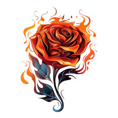 A rose with fire attached to it, in the style of simple, colorful illustrations on a transparent background