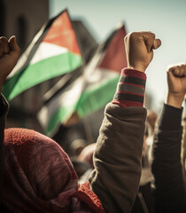 Palestine Men and Women Marching on the Street Asking Peace.