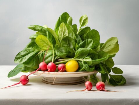 Discover the Vibrant Beauty and Health Benefits of a Fresh Spinach, Radish, and Apple Plate Generative AI