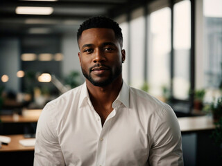 Obraz premium portrait handsome black man entrepreneur in a very clear office. Generated by AI
