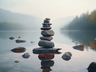 Mystical Lakeside Serenity: A Unique Harmony Between Rocks and Water Generative AI