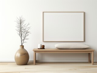 Enigmatic Simplicity: The Artistry of a Wooden Bench, Vase, and Empty Frame Generative AI