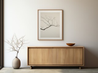 Uncover the Chic Elegance of Minimalist Interior Design with This Wooden Cabinet and Blank Frame Generative AI