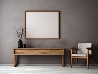 Chic Rustic Elegance: Captivating Wooden Frame and Table Set Against a Sophisticated Grey Background Generative AI